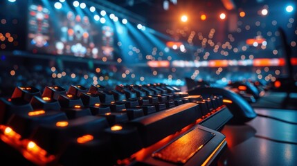 Fototapeta premium Esports tournament in a packed arena, dynamic lighting and intense competition, the thrill of gaming
