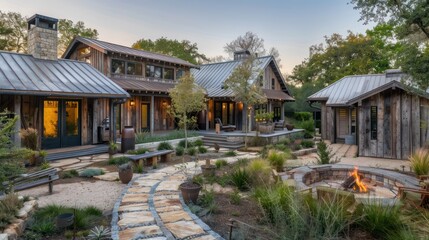 Fototapeta premium rustic suburban farmhouse with a corrugated metal roof, reclaimed wood exterior, and a stone walkway leading to a fire pit area