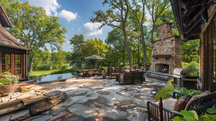 Fototapeta premium rustic suburban farmhouse with a large stone patio, featuring an outdoor fireplace and a view of the surrounding wooded area