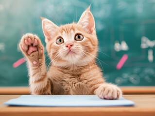 Obraz premium A cute orange tabby kitten sits at a desk, raising its paw in the air as if asking a question in a classroom.