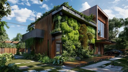 Obraz premium suburban farmhouse designed with an eco-friendly concept, featuring recycled materials, a living green wall, and energy-efficient systems