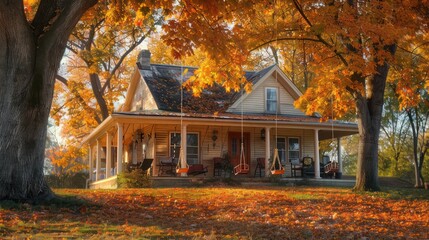 suburban farmhouse surrounded by autumn-colored trees, featuring a large front porch with hanging swing chairs