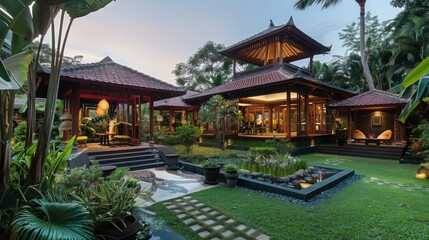 Fototapeta premium suburban farmhouse with a tropical Balinese theme, including open pavilions, lush gardens, and a design that embraces the natural environment and balmy climate