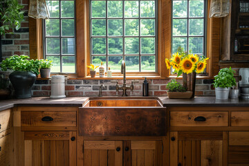 Copper farmhouse sink in front of window, natural wood cabinets, country style kitchen, copy space