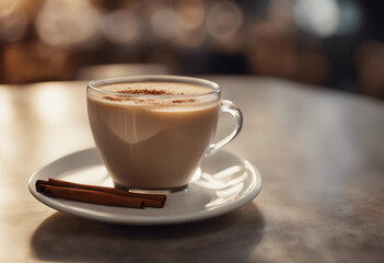 Chai latte in a glass mug with cinnamon and cardamom pods in a sophisticated Indian cafe