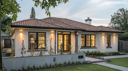Fototapeta premium suburban farmhouse with a blend of traditional and modern elements, featuring a classic tiled roof, modern windows, and a stylish front door