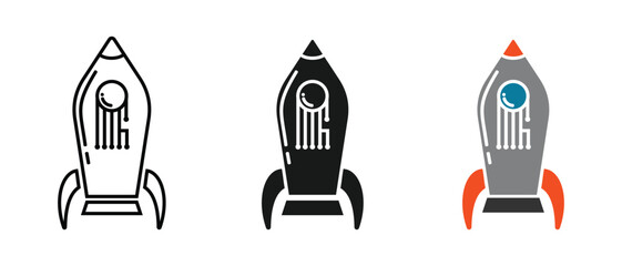 space rocket icon set, available outline, silhouette and colored, editable vector eps 10.