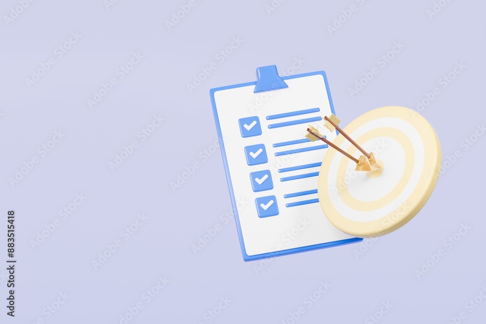 Aufkleber 3d red target with arrow and document approve icon isolated on purple background. teamwork goal achi