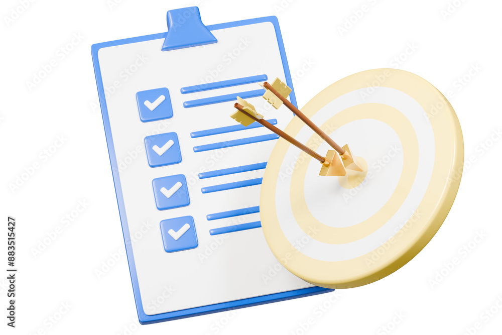 Aufkleber 3d red target with arrow and document approve icon isolated on purple background. teamwork goal achi