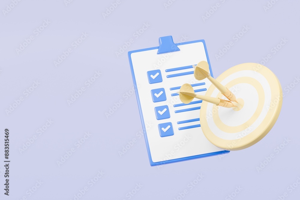 Aufkleber 3d red target with arrow and document approve icon isolated on purple background. teamwork goal achi