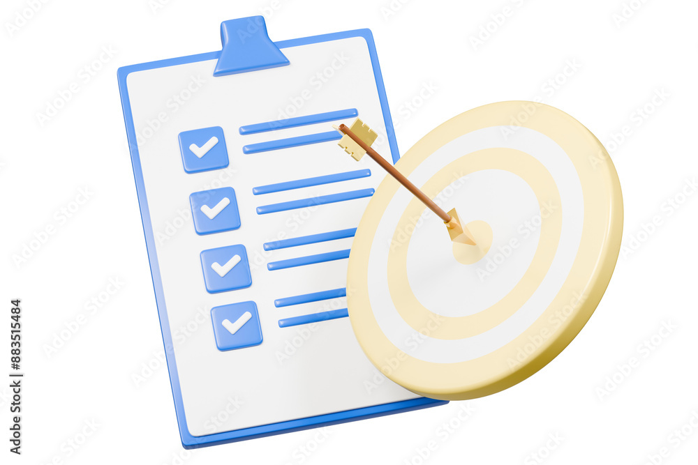 Poster 3d red target with arrow and document approve icon isolated on purple background. teamwork goal achi