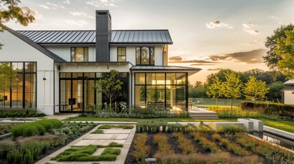 suburban farmhouse with a sleek, contemporary edge, featuring glass walls, minimalist landscaping, and a neutral color scheme with vibrant accents