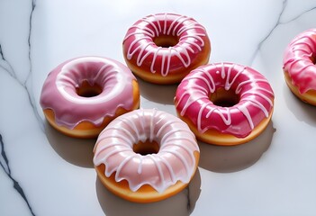 Colorful glazed donuts with a swirled pattern on a marble surface