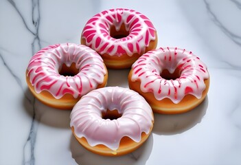 Colorful glazed donuts with a swirled pattern on a marble surface