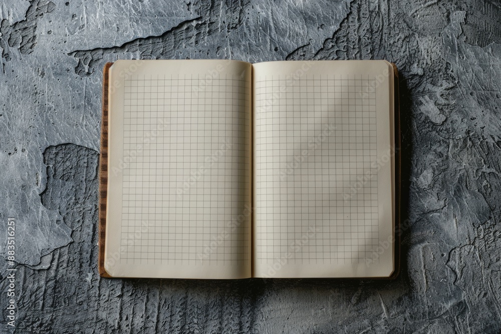 Poster a person's notes or writings are visible in this opened notebook, placed on a table
