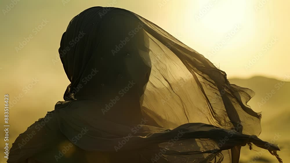 Poster the windswept headscarf appears to be a mirage in the desert almost blending in with the landscape.