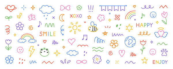 Cute kids elements, preschool kindergarten doodle icons set. Daycare, children drawings, flower, rainbow, cloud, sun, heart in sketch style. Hand drawn vector illustration isolated on white background