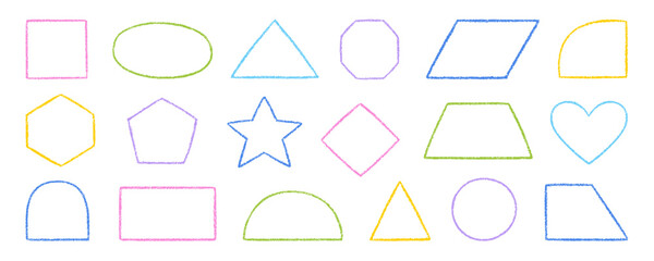 Chalk pencil figure doodle set. Crayon square, circle, rectangle, triangular in sketch style, Pastel kids geometric shapes. Grunge texture. Hand drawn vector illustration isolated on white background