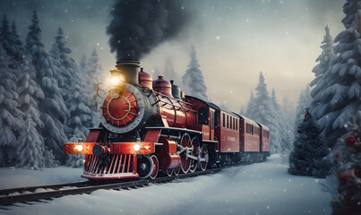 Red polar express train passing through a snowy forest. Christmas train goes to North Pole on sunset. Retro steam locomotive in winter landscape. Concept for Christmas, New Year, winter holiday travel