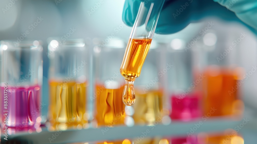 Poster a laboratory scene showing multiple test tubes filled with colorful liquids, representing various ch