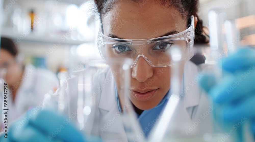 Poster a scientist wearing gloves and a lab coat is focused on conducting experiments in a laboratory. vari