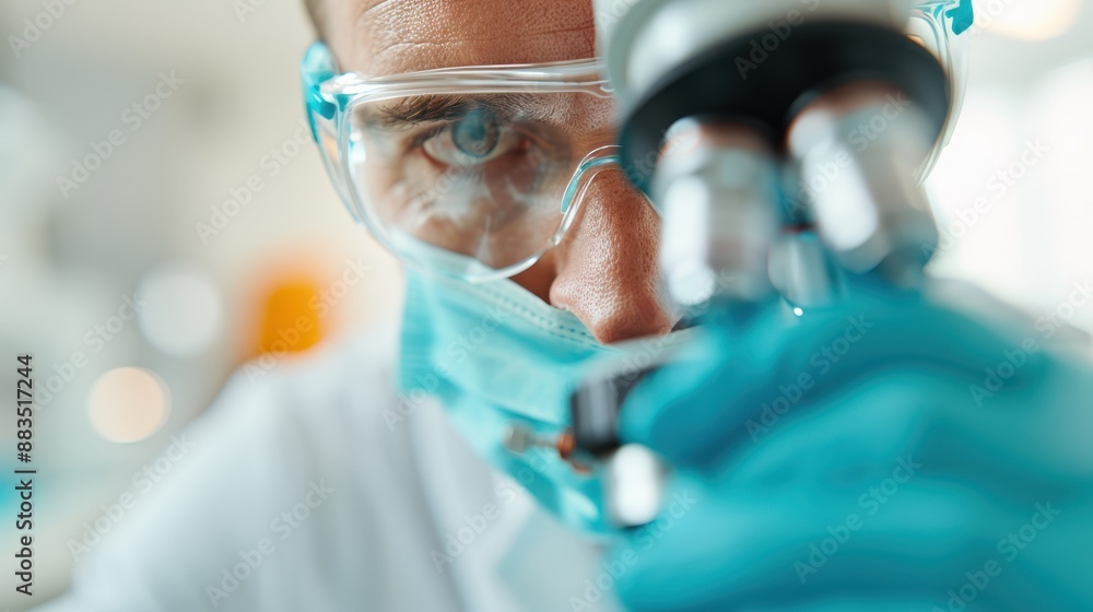 Poster in a laboratory, a scientist is examining a sample under a microscope. the image portrays the intric