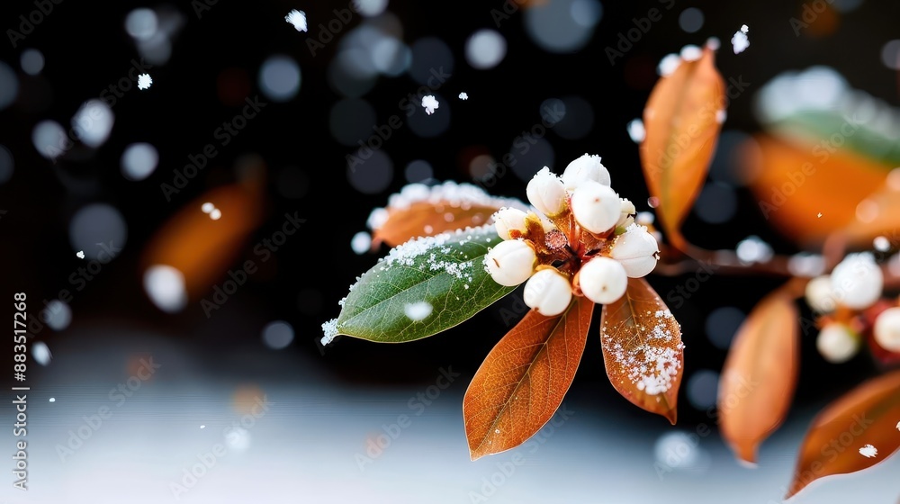 Poster the image depicts a branch adorned with white berries and leaves covered with a light layer of snow,