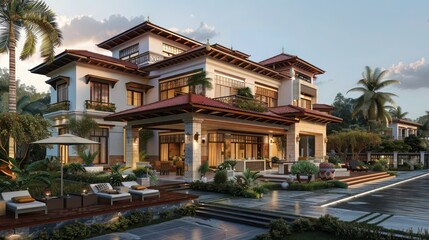 Fototapeta premium suburban farmhouse with a contemporary Indian bungalow theme, combining traditional Indian design elements with modern architecture and luxurious finishes