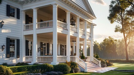 suburban farmhouse with a Southern Antebellum architecture, featuring large white columns, sweeping double staircases, and expansive covered porches