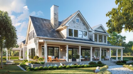 suburban farmhouse with a Cape Cod influence, featuring shingle siding, sea glass accents, and a light, breezy interior