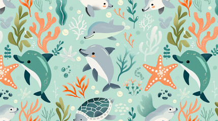 A colorful underwater scene with a variety of sea creatures including dolphins