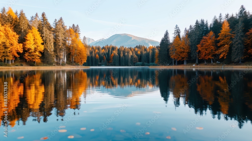 Poster a tranquil lake scene with trees in autumn colors reflecting on the water's surface, emphasizing the