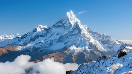 This image captures a breathtaking view of a majestic snow-covered mountain under a clear blue sky with distant valleys partially covered in snow and clouds.