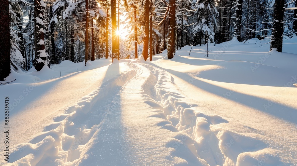 Poster the sun sets through a snowy forest path, casting a warm golden glow on the snow-covered ground, hig