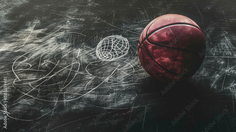 Poster a bright red basketball sits atop a sleek black table, perfect for displaying or using in a sports-t