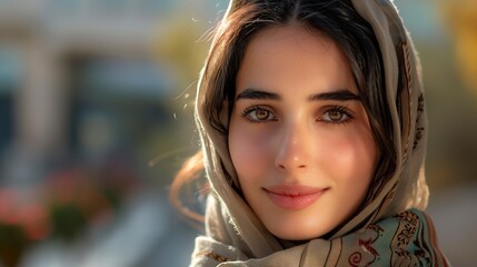 Obraz premium Portrait of a beautiful smiling Jordanian woman. Beautiful woman with soft skin with the blurred city in the background.