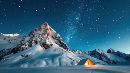 A warm, lit tent sits peacefully under a stunning star-filled sky, with a snow-capped mountain peak in the background, offering a serene and cozy wilderness experience.