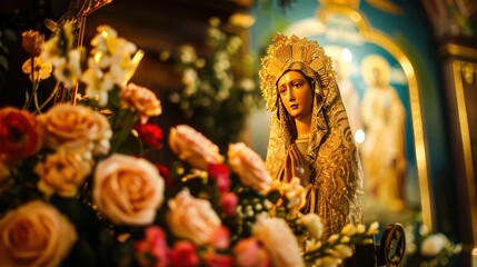 The icon of the Virgin Mary, decorated with gold elements and flowers, placed on the altar in the church. Perfect for illustrating articles about Marian holidays and spirituality.