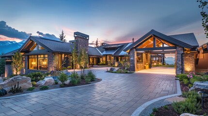 suburban farmhouse with a modern Alpine retreat theme, combining the rustic charm of a mountain lodge with contemporary design and luxury amenities