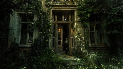 An old, abandoned manor with broken windows and an overgrown garden. The entrance is covered in cobwebs, and the door is slightly ajar, as if someone had been there recently. 