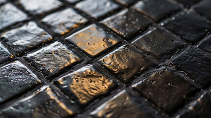 Detailed observation of dark, weathered and rugged stone tiles