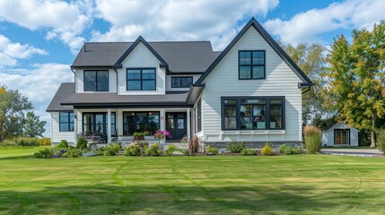 Fototapeta premium suburban farmhouse with a focus on energy efficiency, featuring triple-paned windows, thick insulation, and a geothermal heating system