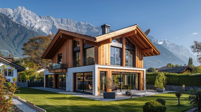 suburban farmhouse with a focus on Swiss chalet style, featuring wood paneling, a steep roof, and large windows with mountain views