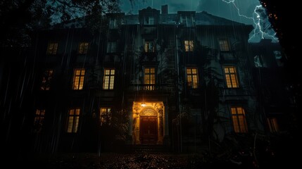 Obraz premium An old, abandoned manor with broken windows and an overgrown garden. The entrance is covered in cobwebs, and the door is slightly ajar, as if someone had been there recently. 