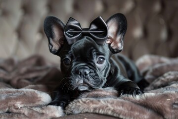 Dressed Up Dog. French Bulldog Wearing Black Bow Tie and Alert Expression