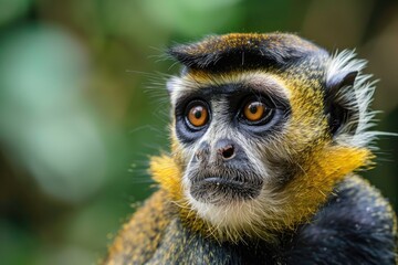 Fototapeta premium Guinea-Bissau. Campbell's Mona Monkey, a Rare and Exotic Creature with Funny Face, in Tropical Forest Habitat