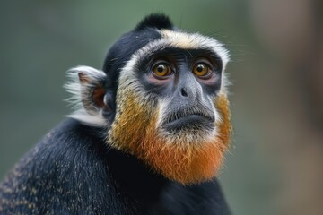 Fototapeta premium Guinea-Bissau. Rare and Funny Forest Creature: Campbell's Mona Monkey with Exotic Face in African Tropical Habitat