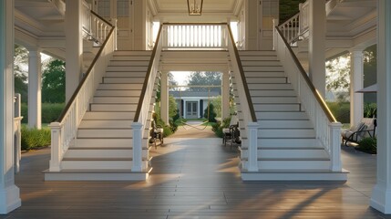 Fototapeta premium suburban farmhouse with a dramatic entryway, featuring a double staircase leading to a large front porch with a swing
