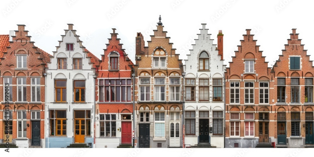 Poster A row of buildings with a distinctive red door leading into the complex