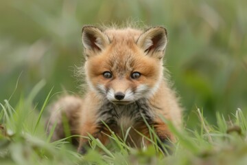 Fototapeta premium Baby Red Fox. Wildlife Animal in Nature, Cute and Wild Red Fox Mammal